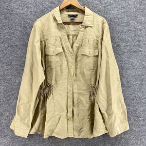 Ashley Stewart Shirt Women 18 Plus Beige Button Up Elastic Waist Collared Rayon